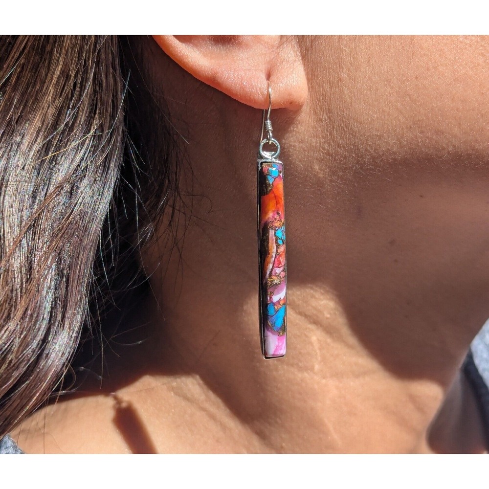 Navajo Compressed Slab‎ Mohave Turquoise Sterling Silver Dangle Earrings**
